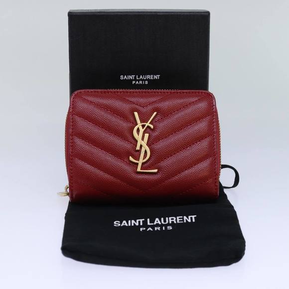 SAINT LAURENT Compact Wallet Leather Red Gold BOW01 Auth 85840 - Picture 12 of 16